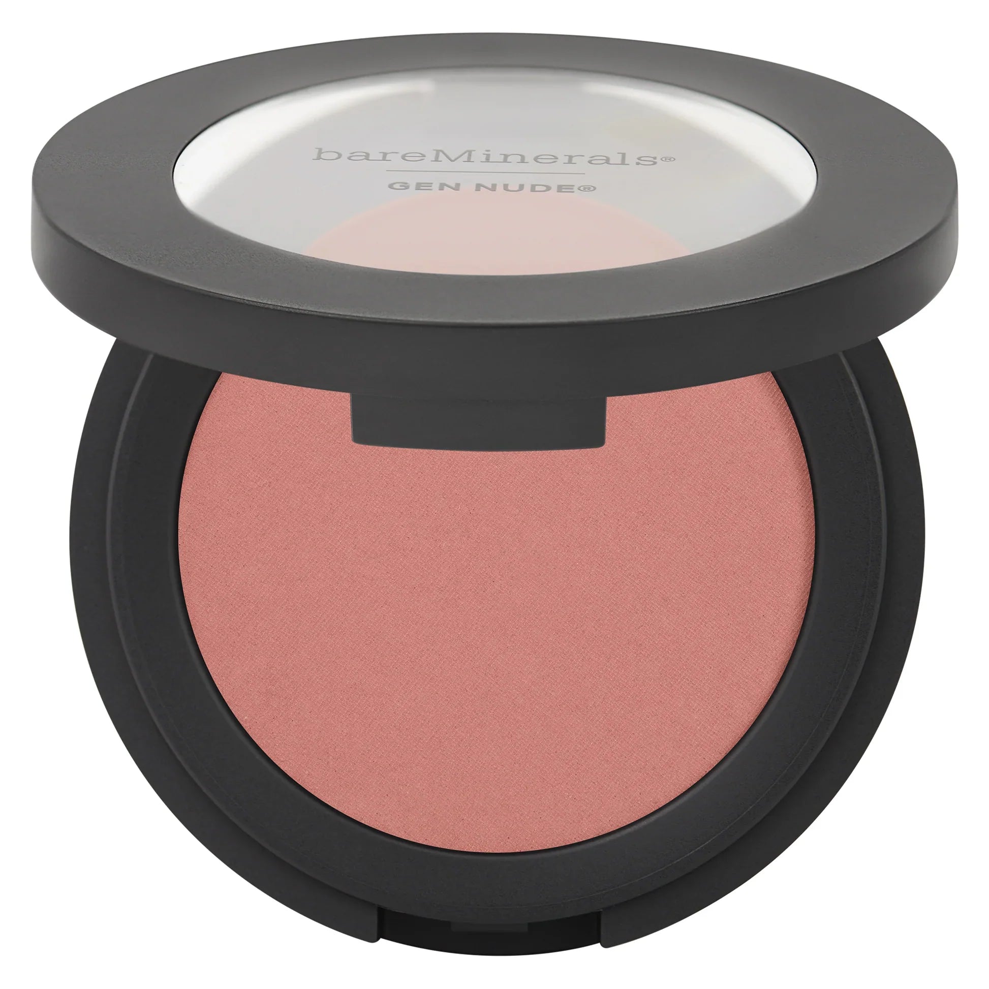 Compact powder blush in dusty pink pan with black outer case