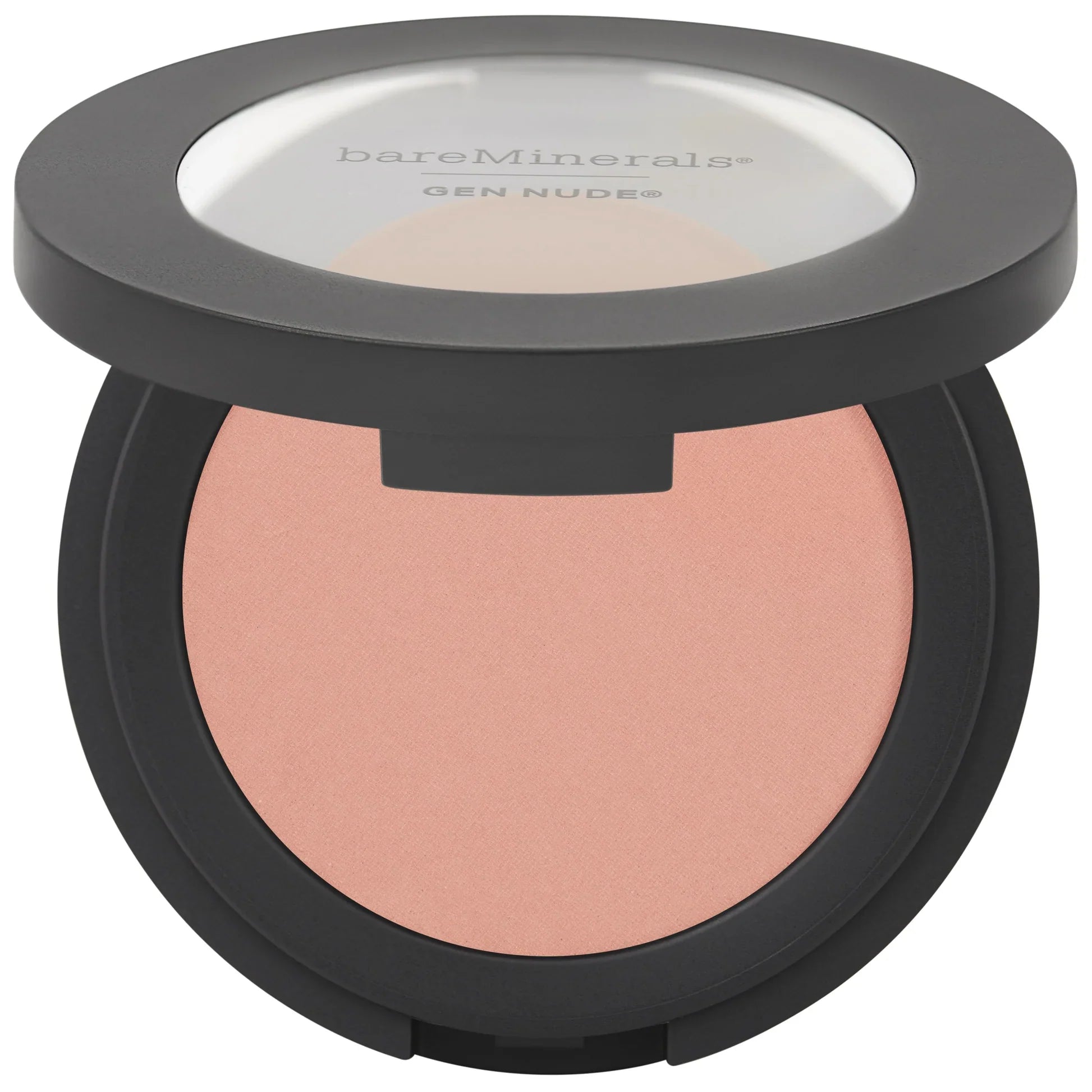 Compact powder blush in light peach pink pan with black outer case