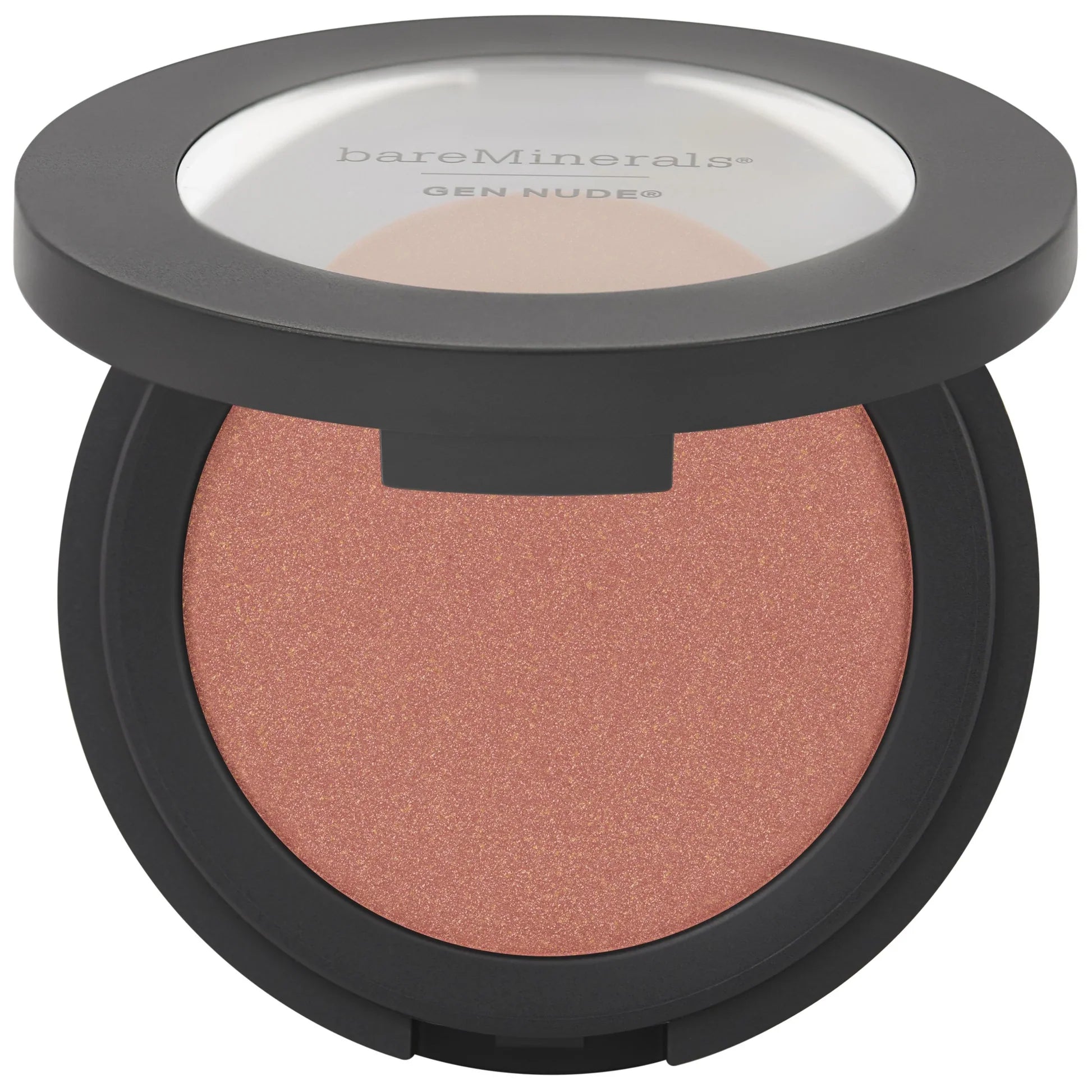 Compact powder blush in rose shimmer pan with black outer case