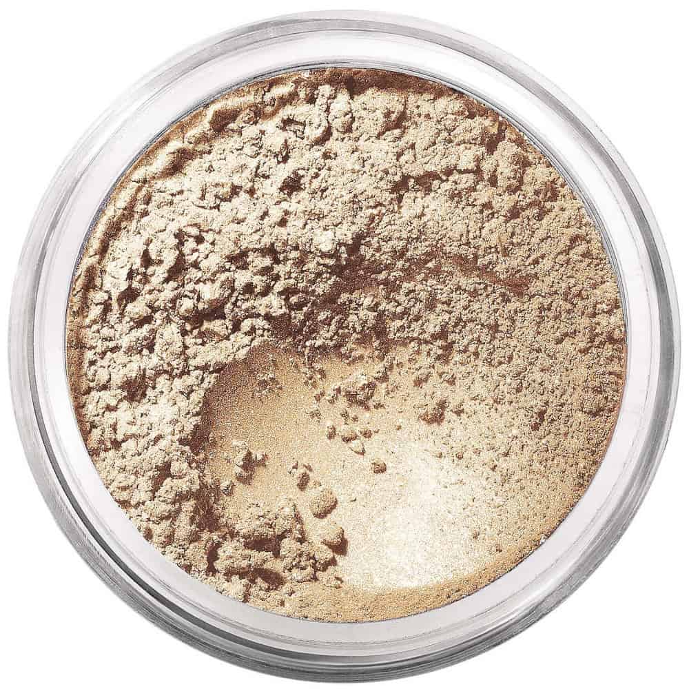 Loose mineral eye color in silver jar, champagne beige shimmer powder