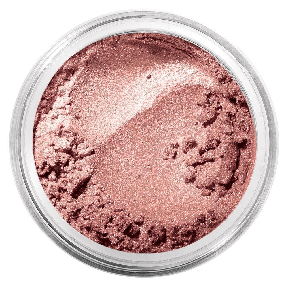 Loose powder blush in a round clear pan, rose-pink shimmer texture