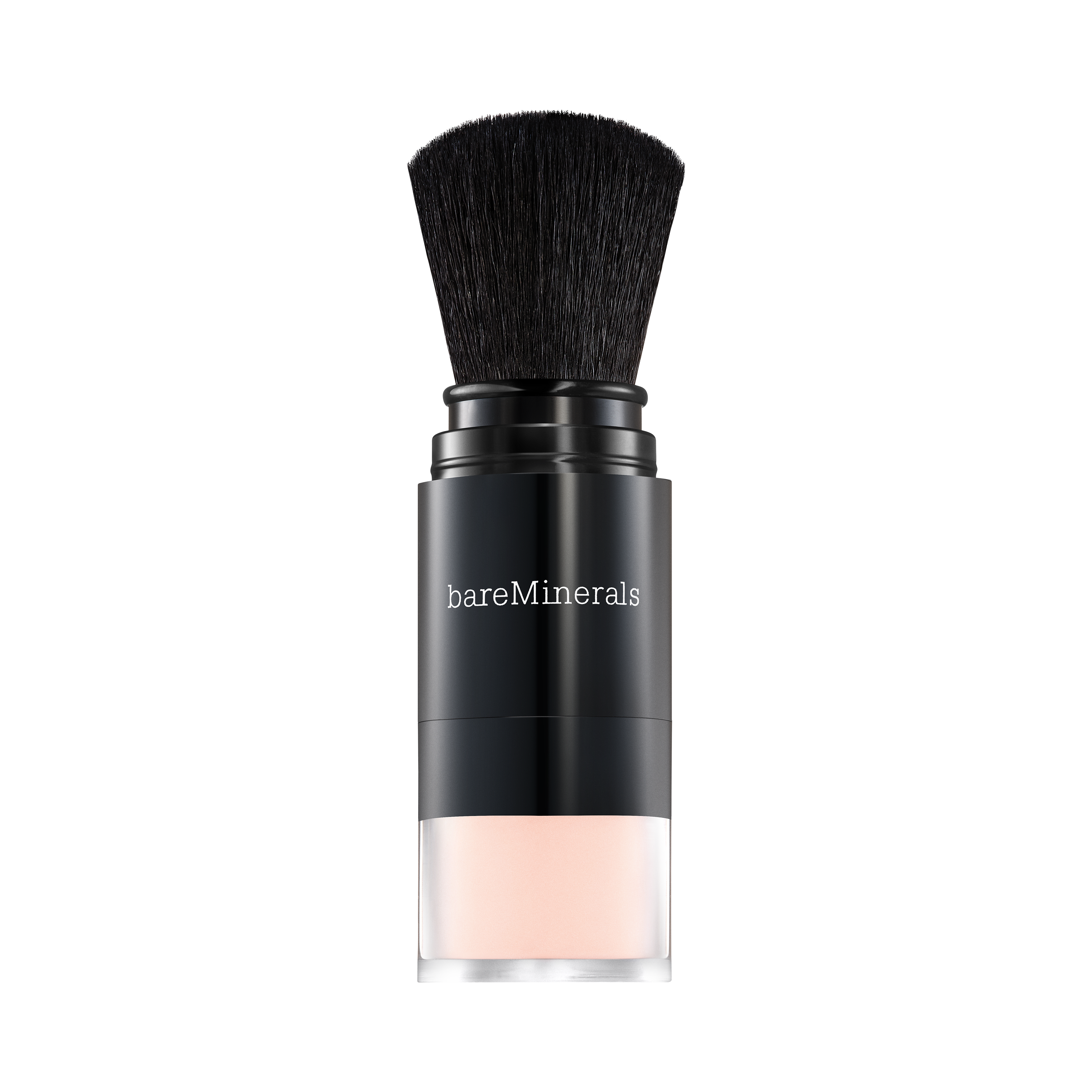 bareMinerals mineral veil brush with translucent cream vial, black handle and bristles