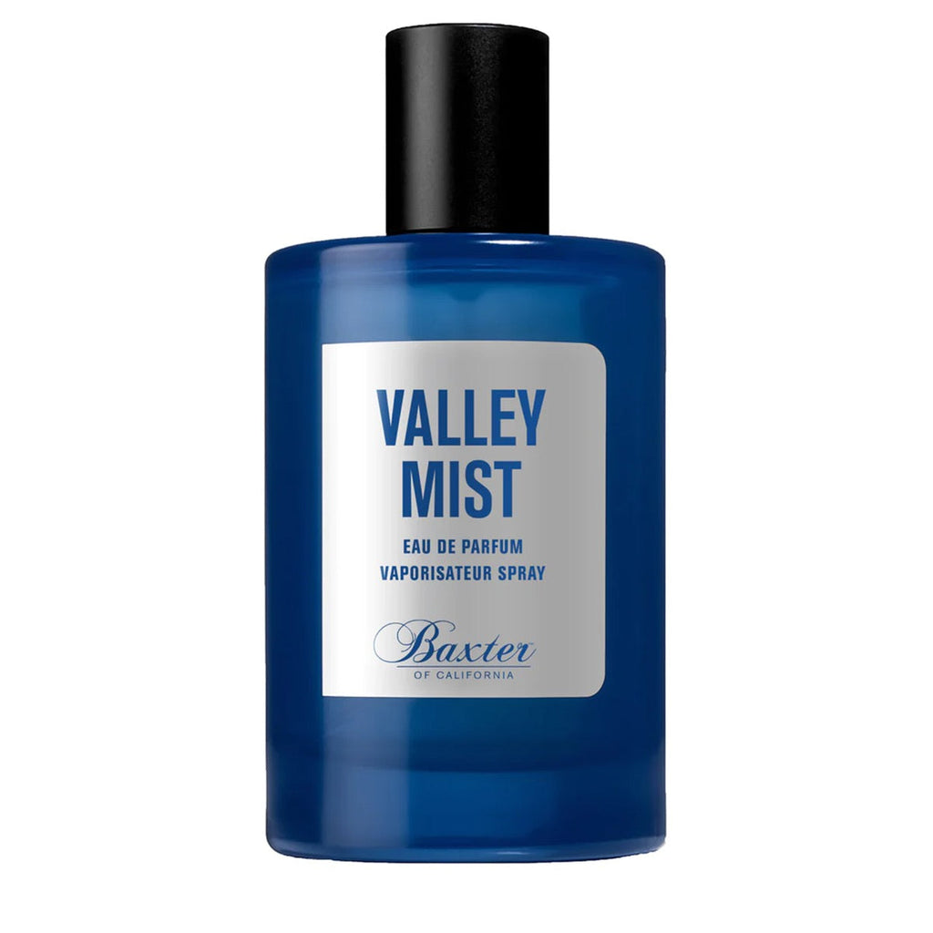 Baxter Valley Mist eau de parfum bottle with black cap and blue glass, front label visible