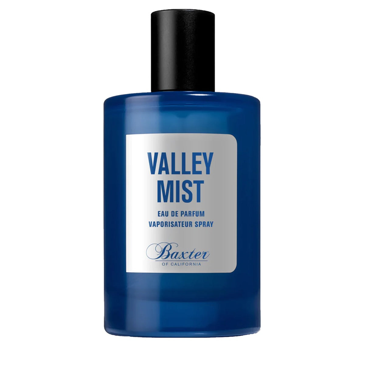 Baxter Valley Mist eau de parfum bottle with black cap and blue glass, front label visible
