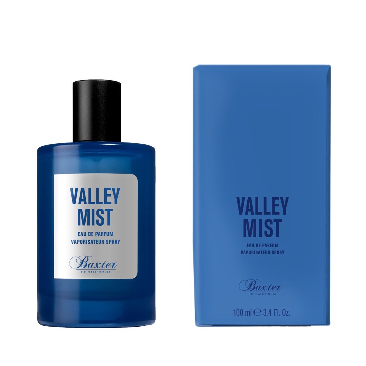 Baxter Valley Mist eau de parfum bottle with black cap and blue glass, plus blue box