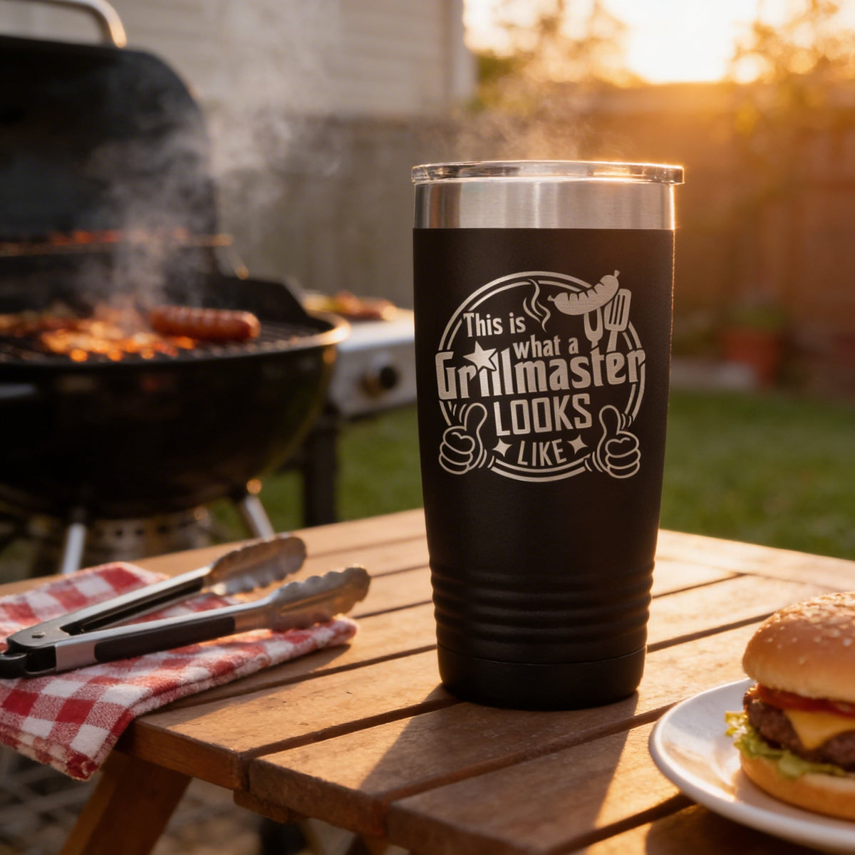 Black insulated stainless steel tumbler outdoors with Grillmaster logo and steam