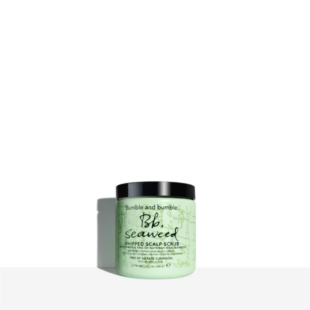 Scalp scrub jar with green whipped gel, green label and black lid
