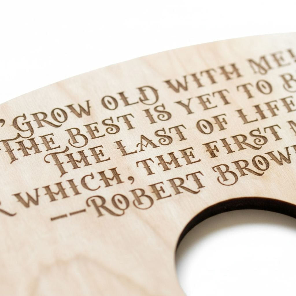 Close-up engraved wood wine holder text: “Grow old with me” and name Robert