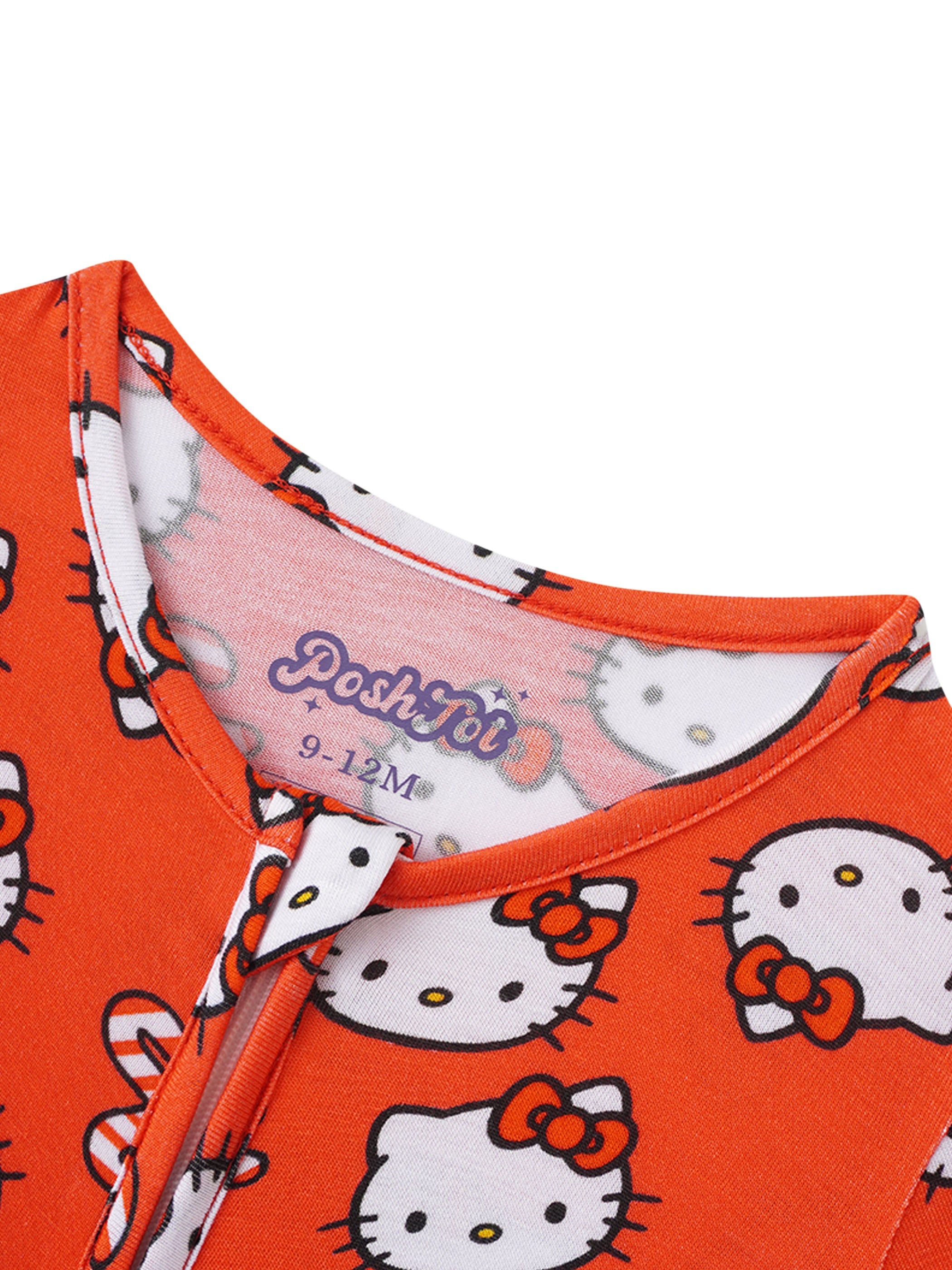 Red Hello Kitty bamboo romper neckline with front zipper placket and logo tag