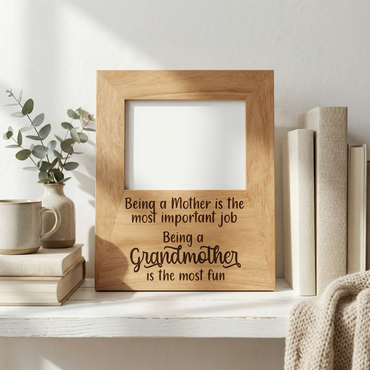 Wood photo frame with inspirational quote on front, no photo inside