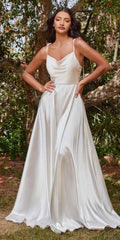 Off-white satin A-line gown with cowl neckline and thin straps, full skirt