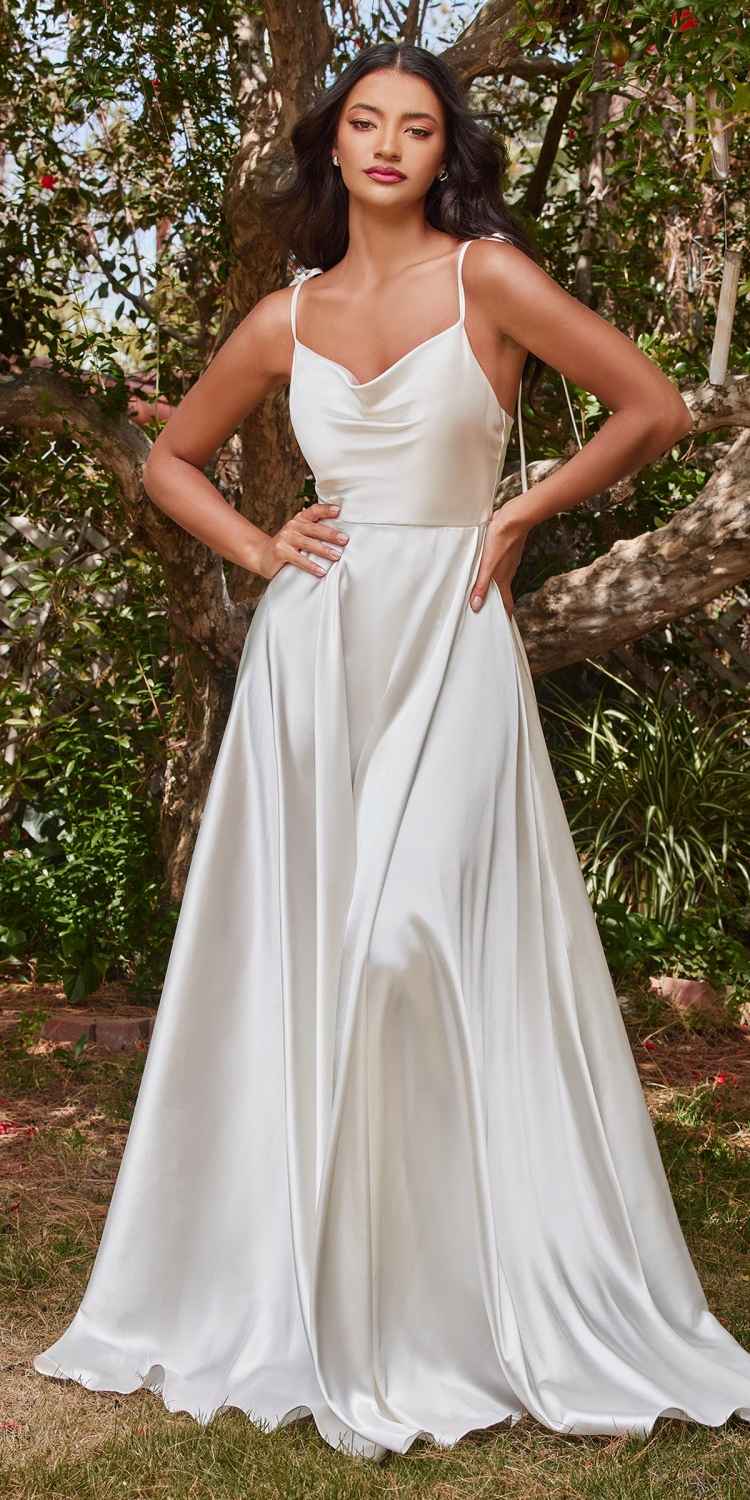 Off-white satin A-line gown with cowl neckline and thin straps, full skirt