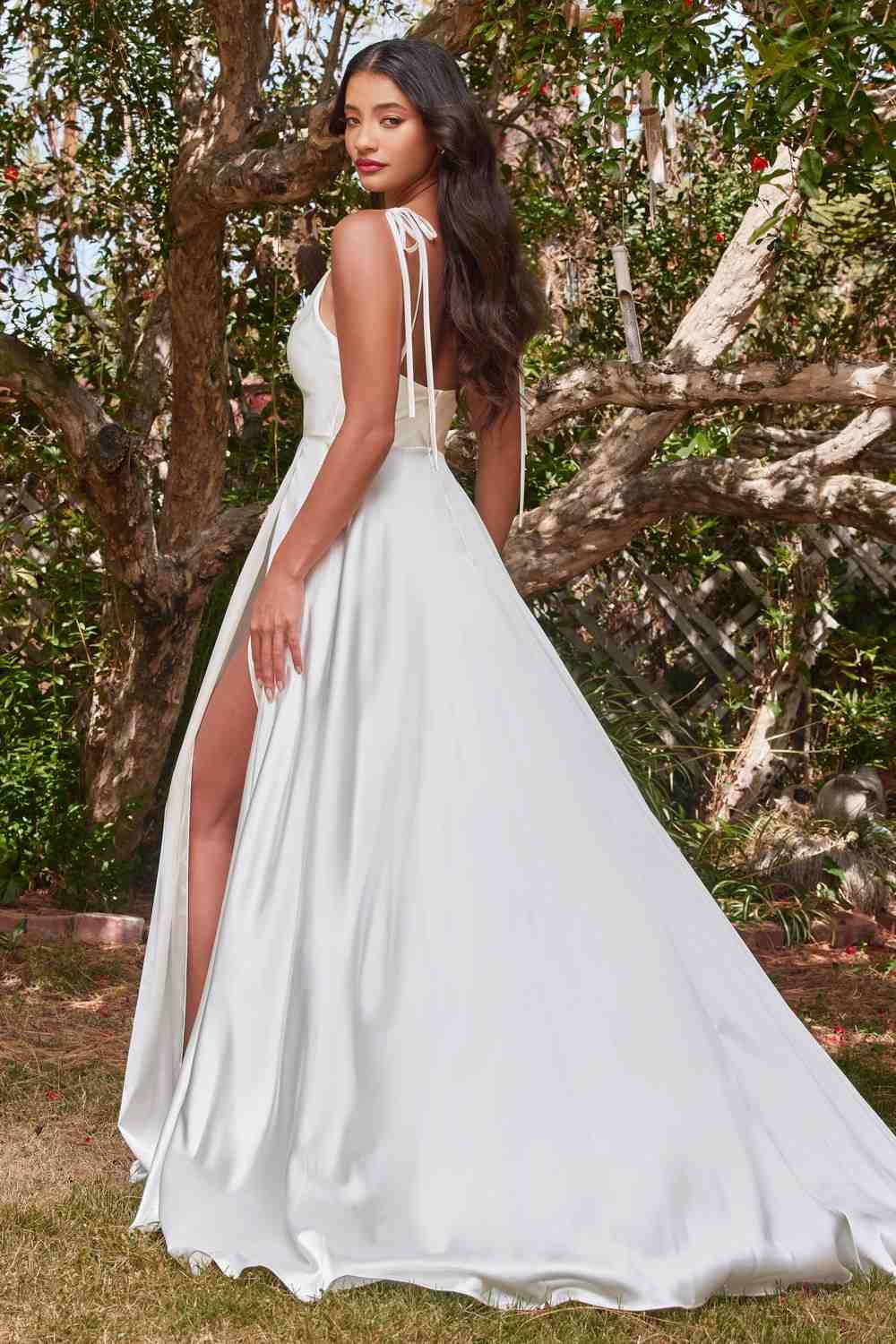 Off-white satin A-line gown with thin straps, side slit, draped bodice, full skirt