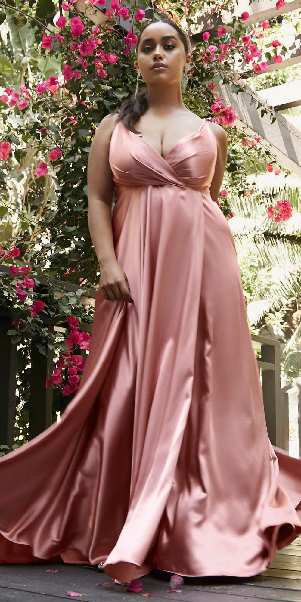 Flowy satin A-line gown with leg slit, rose mauve satin V-neck sleeveless