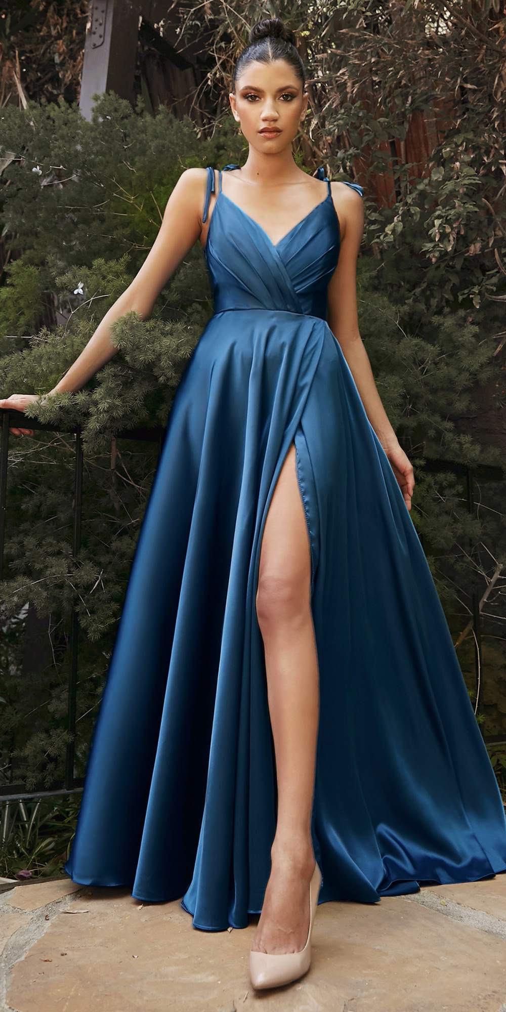 Flowy satin A-line gown with leg slit, deep blue satin V-neck sleeveless