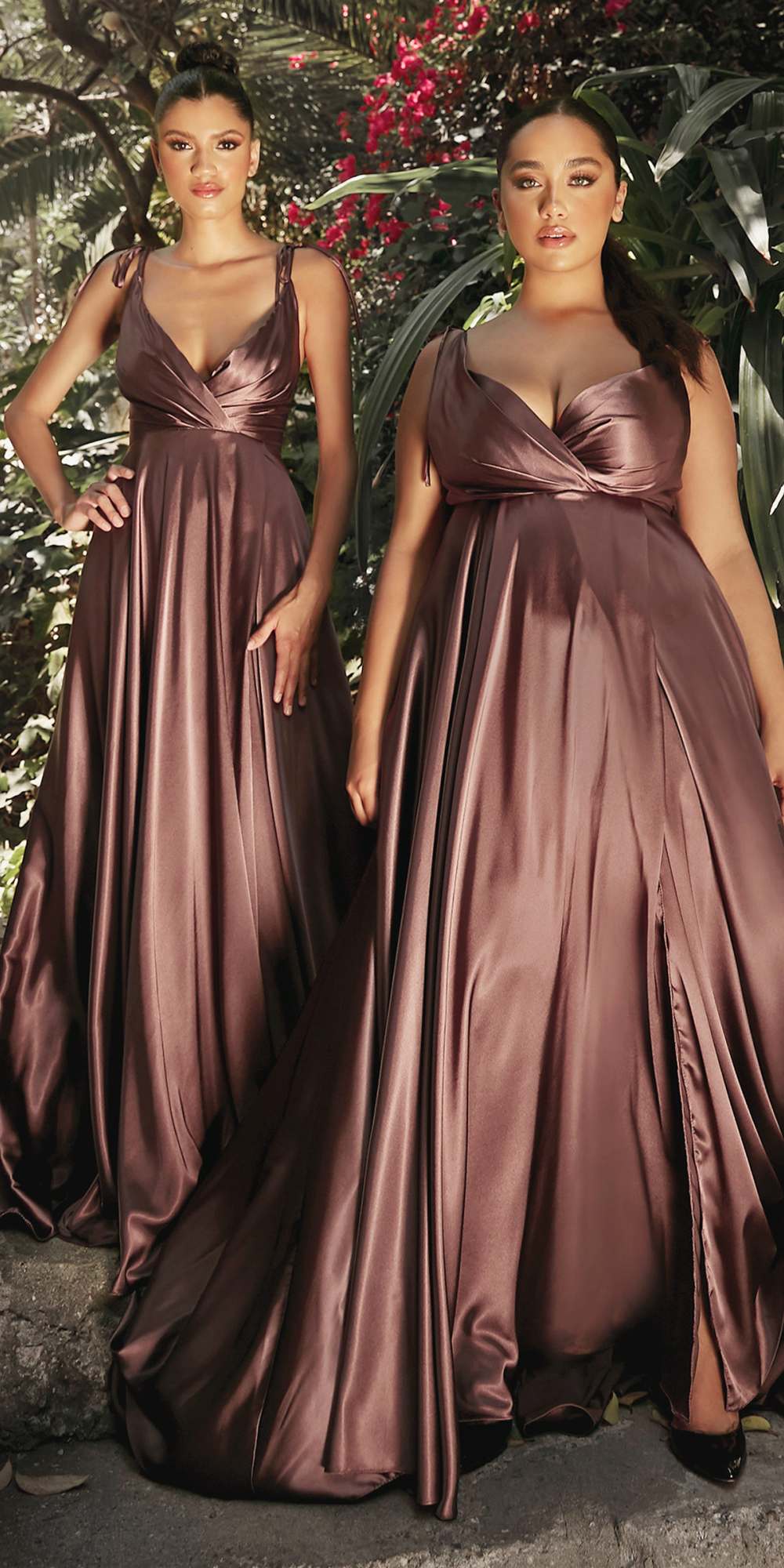 Flowy satin A-line gown, sleeveless V-neck draped bodice, thigh-high slit, burgundy