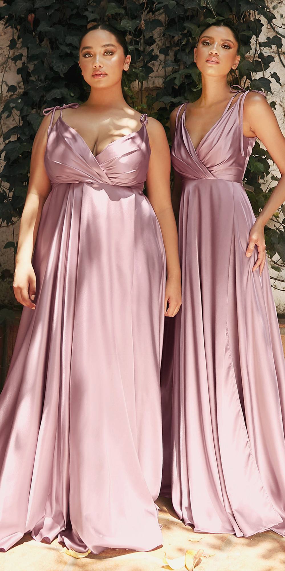 Satin A-line gown with sleeveless V-neck draped bodice, high-leg slit, dusty mauve