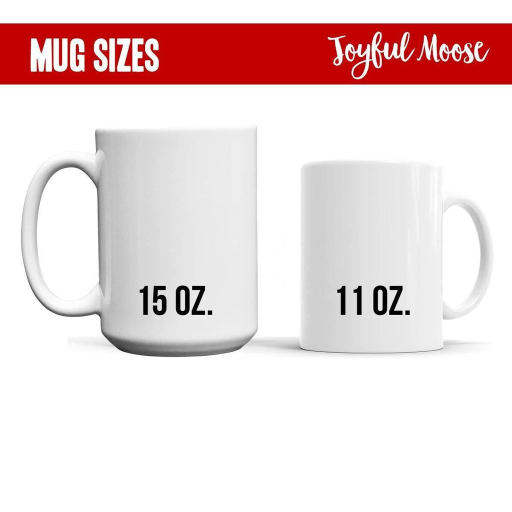 Mug sizes graphic showing 15 oz and 11 oz white ceramic mugs