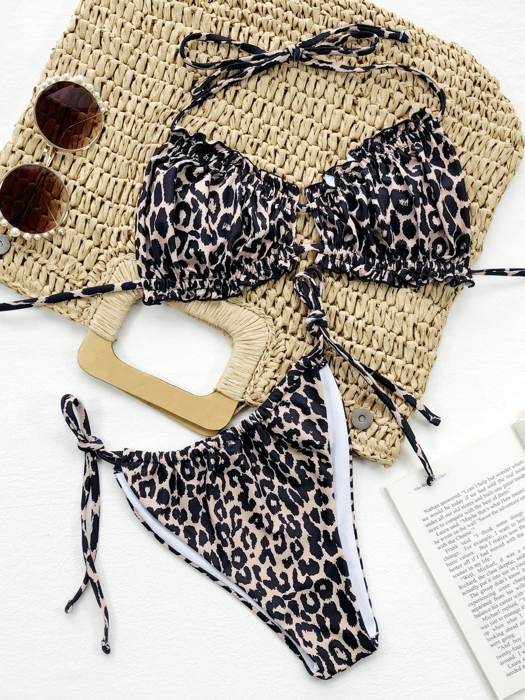 Leopard or Solid Tie-Side Halter Bikini Set