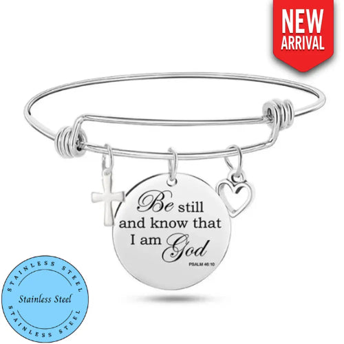 Silver stainless steel bracelet with round Be still and know charm, cross and heart