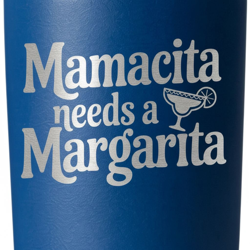 Blue insulated tumbler with large Mamacita needs a Margarita graphic and cocktail icon