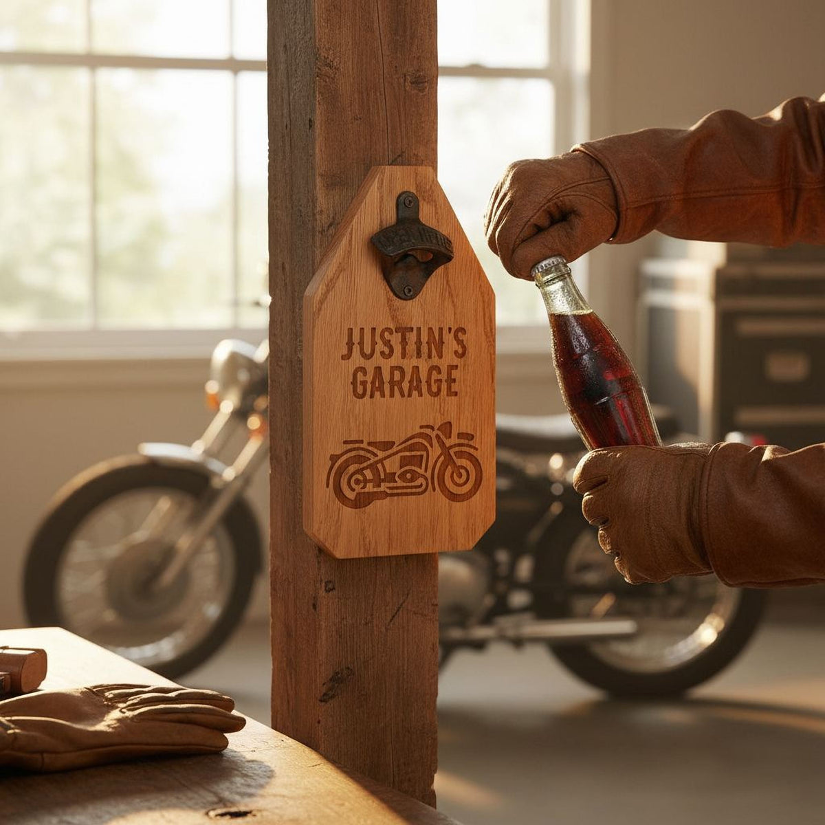 Wood bottle opener sign “Justin’s Garage” with motorcycle engraving; bottle poised at opener.