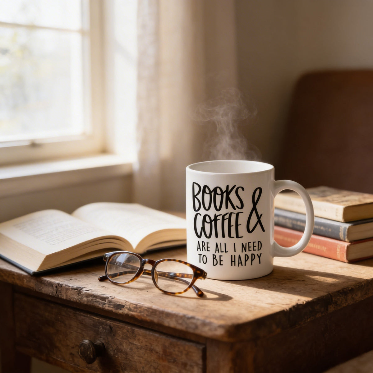 White ceramic book lover mug with 'BOOKS & COFFEE' slogan on a tabletop