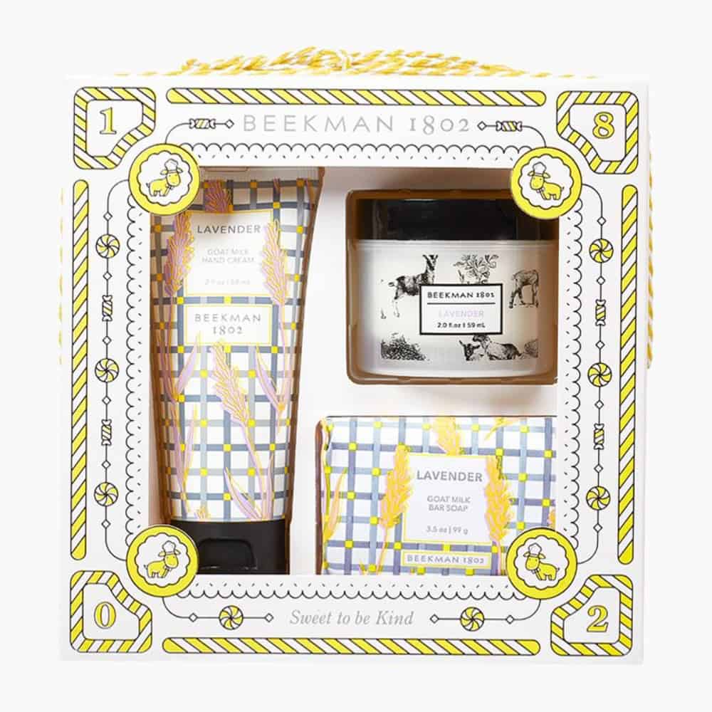 Beekman 1802 lavender goat milk skincare gift set with boxed containers
