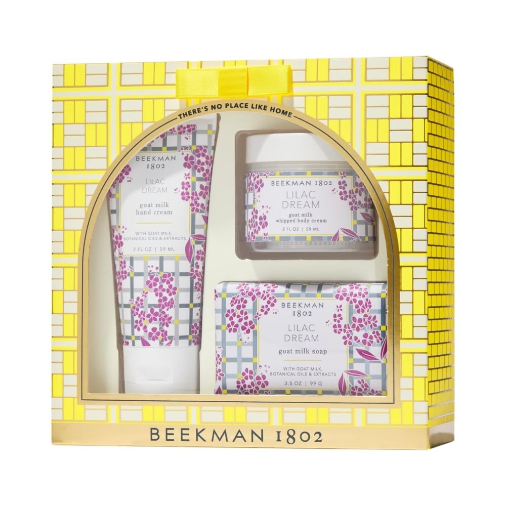 Beekman 1802 bodycare gift set box with lilac-themed bottles and soap