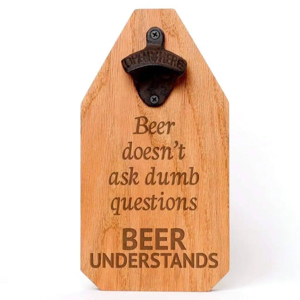 Rustic wood bottle opener sign with Beer quote and metal bottle-cap opener