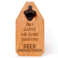 Rustic wood bottle opener sign with Beer quote and metal bottle-cap opener