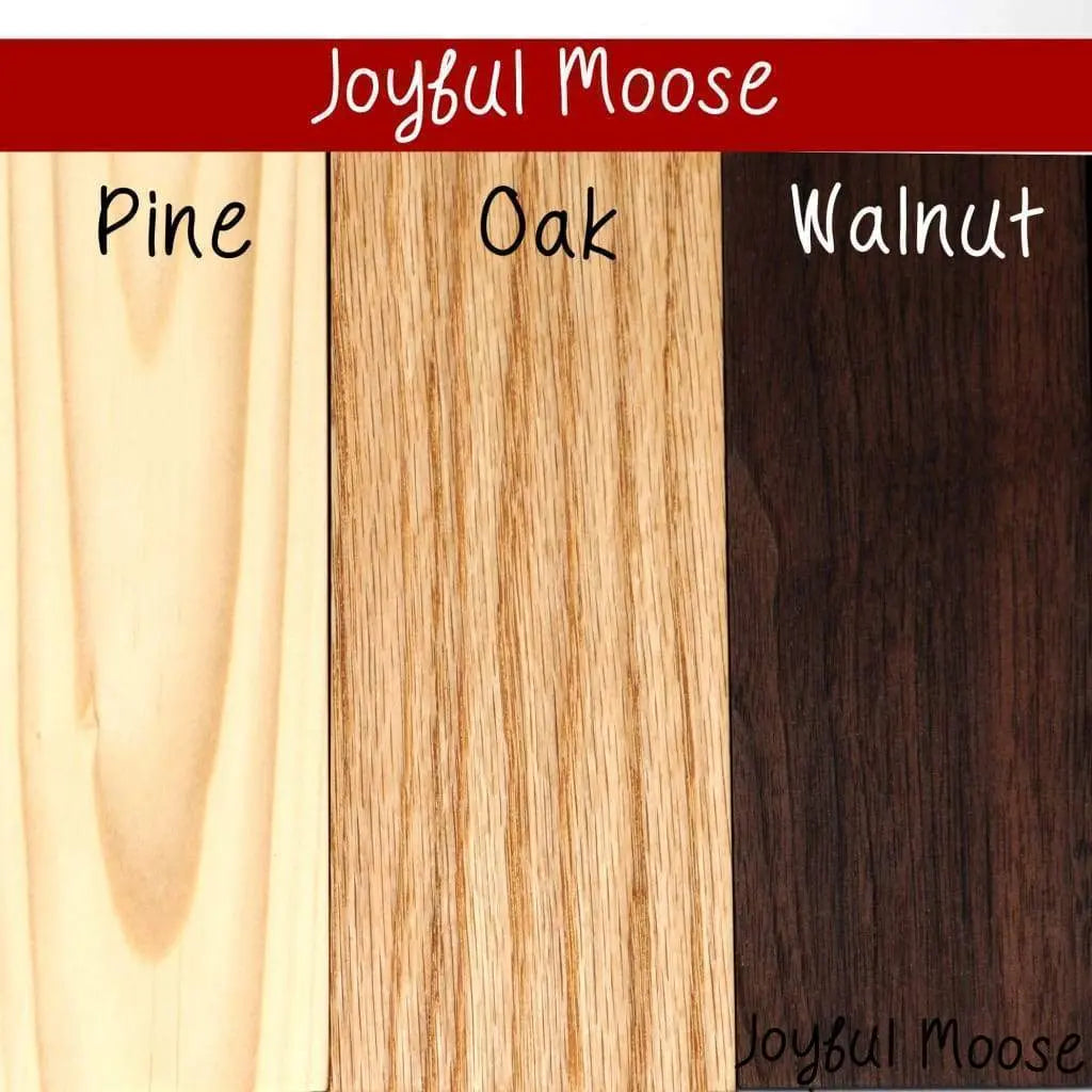 Wood finish swatches for beer bottle opener sign: Pine, Oak, Walnut