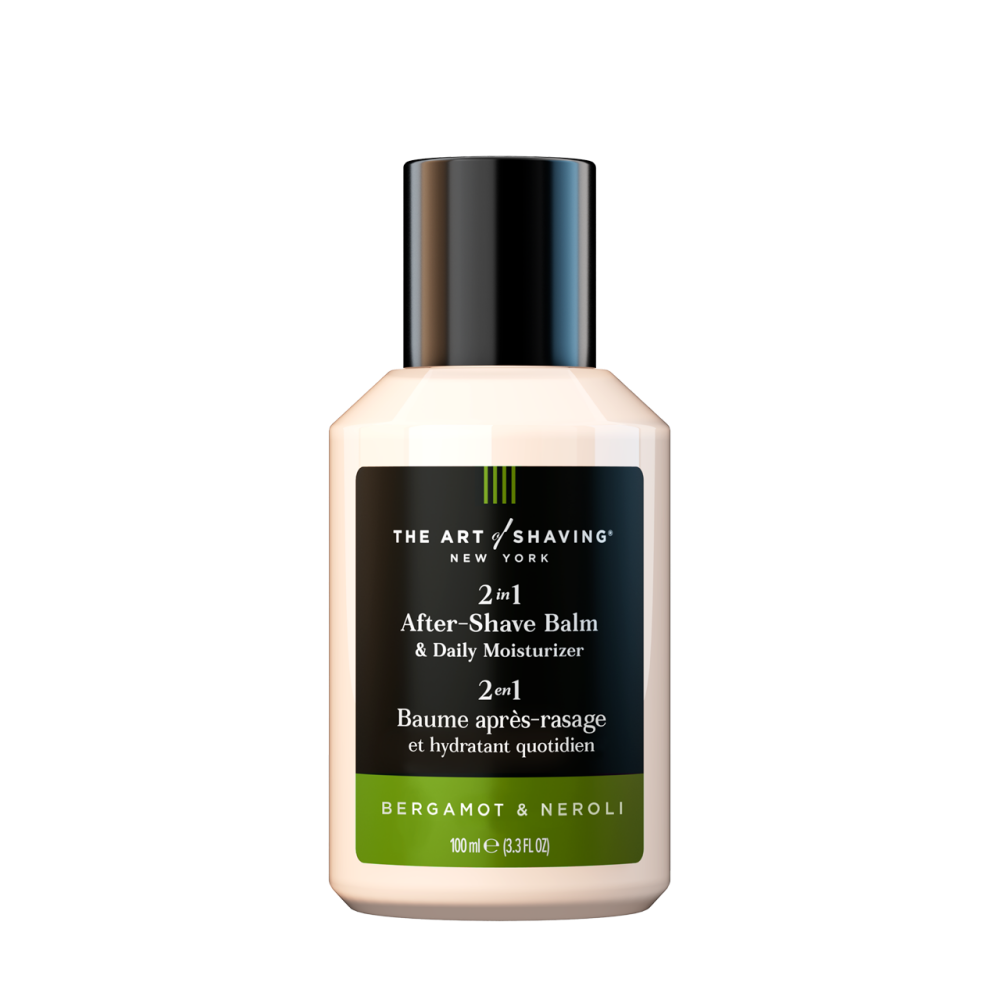 After-shave balm bottle, beige with black cap; Bergamot & Neroli label.