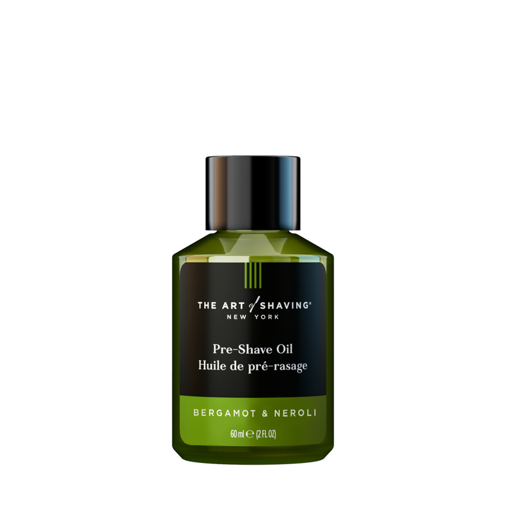 Pre-shave oil bottle with green label and cap, Bergamot & Neroli, 2 oz
