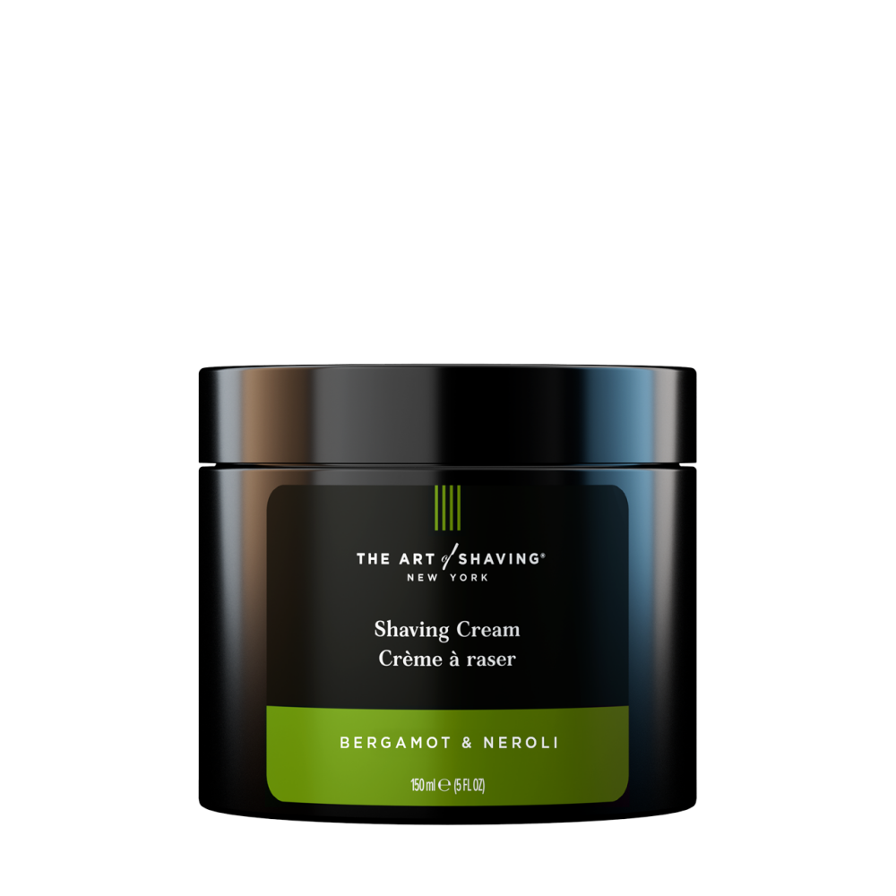 The Art of Shaving shaving cream jar with Bergamot & Neroli label, dark container