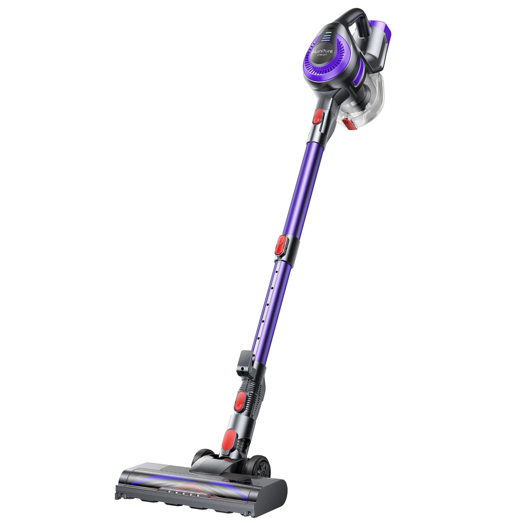 Cordless stick vacuum with motorized floor head, purple body and dust canister.