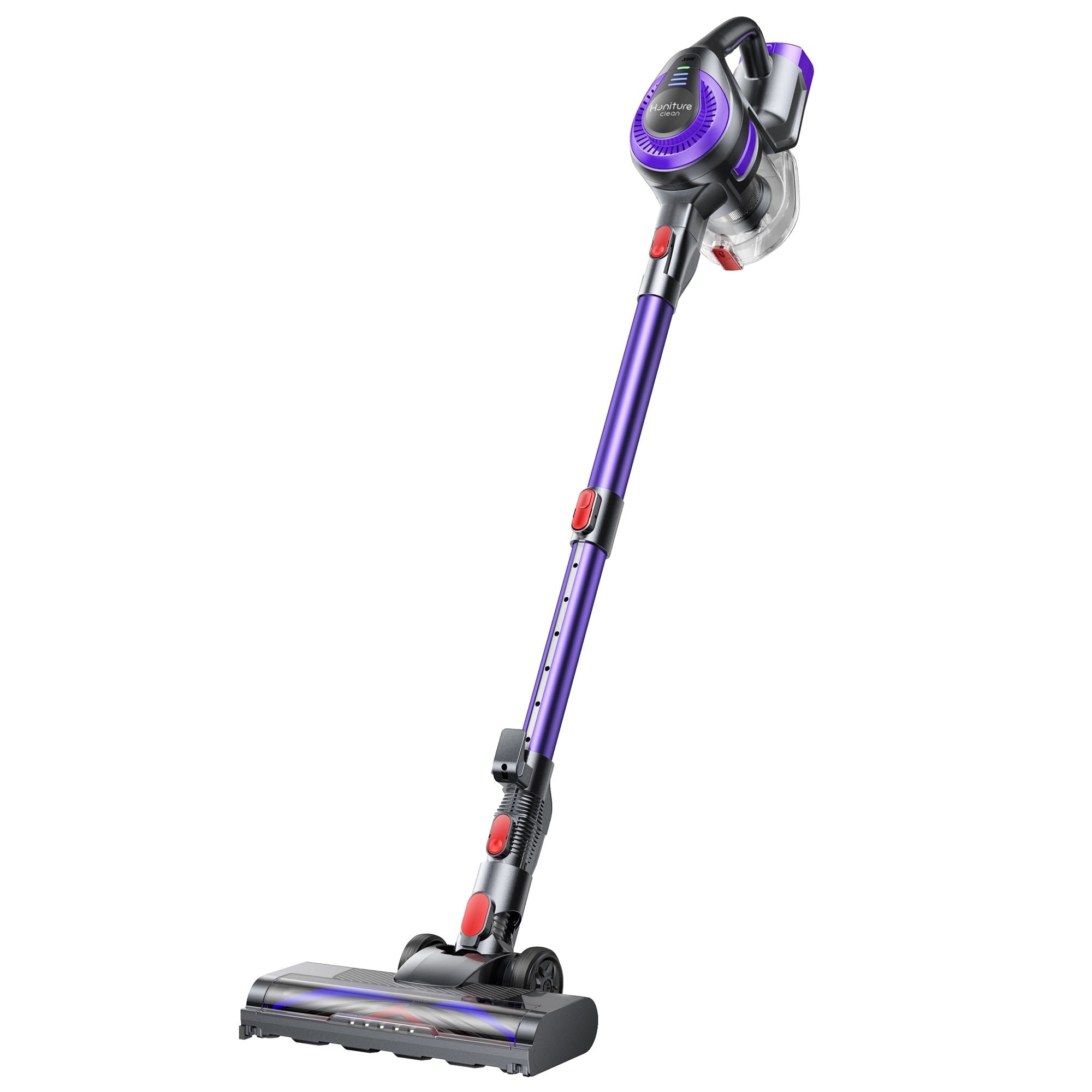 Cordless stick vacuum with motorized floor head, purple body and dust canister.
