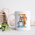 White coffee mug with squirrel holding a cup; reads "GO TIME. GET STARTED."