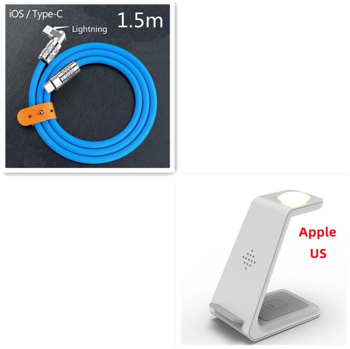 3-in-1 wireless charger stand with angled light holder; blue Type-C to Lightning cable included