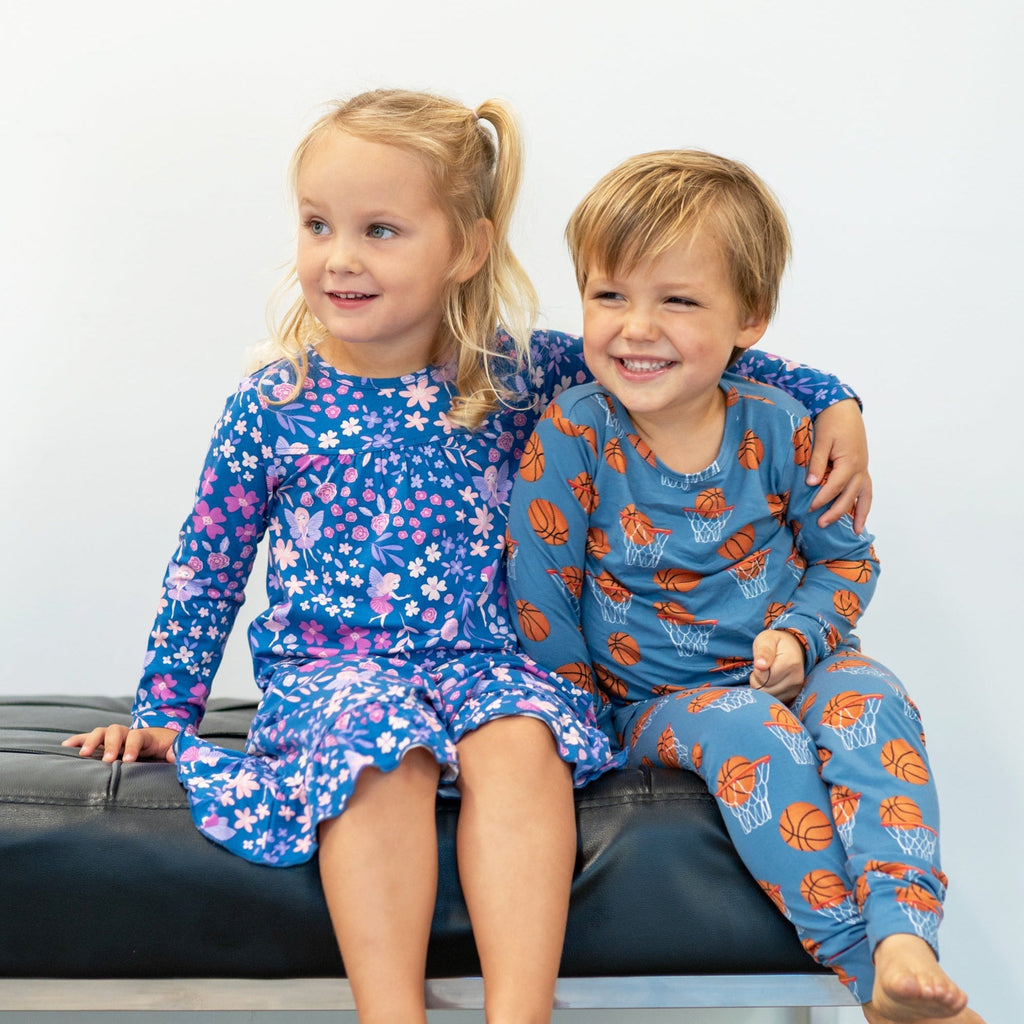 Girls boho floral dress in dark blue with pink and white flowers, long sleeves