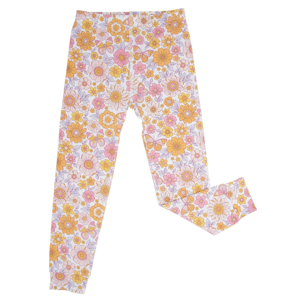 Kids floral pajama pants, pastel yellow and pink on lavender base