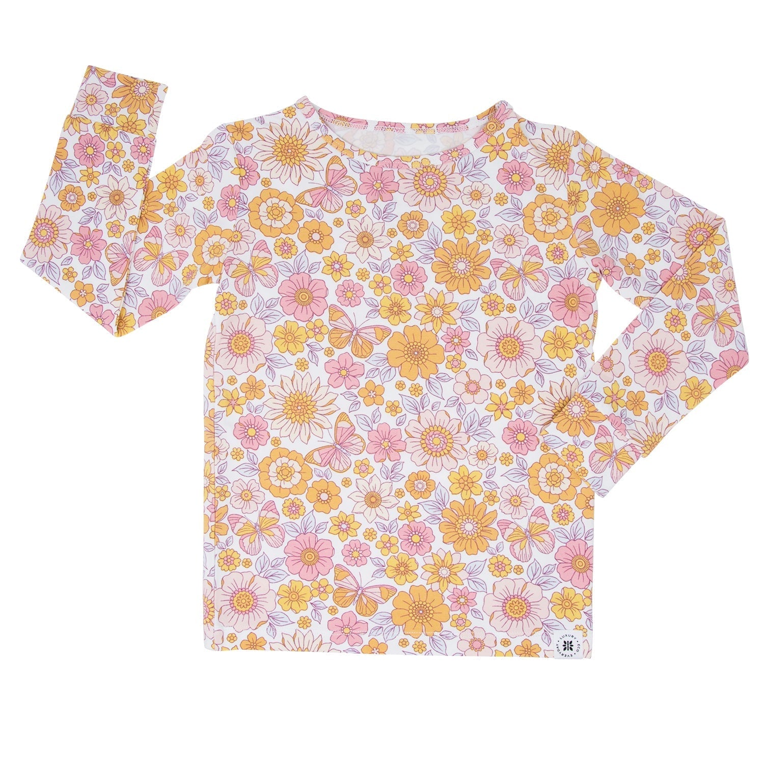 Kids floral long-sleeve pajama top with matching pants leg, pastel yellow and pink