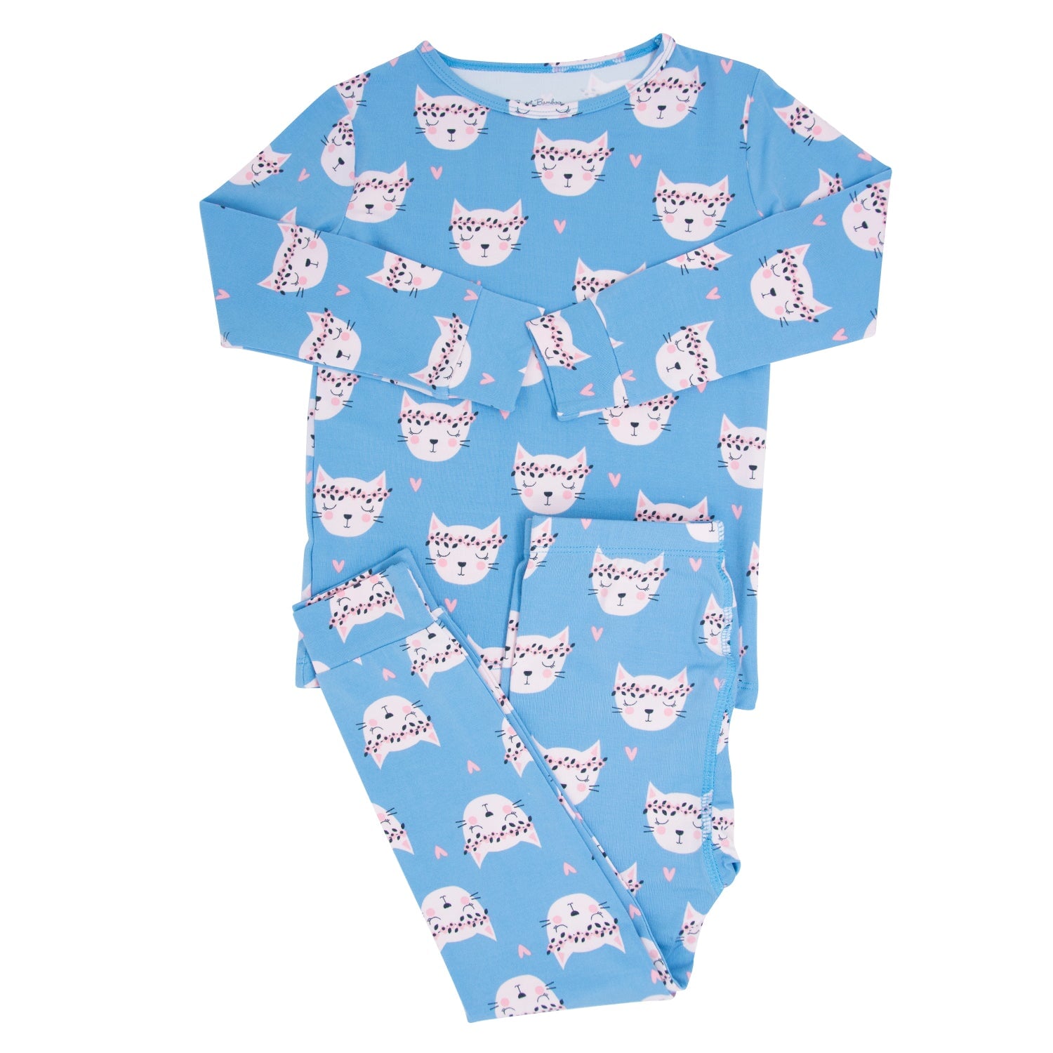 Light blue long-sleeve pajama one-piece with allover pink cat face pattern