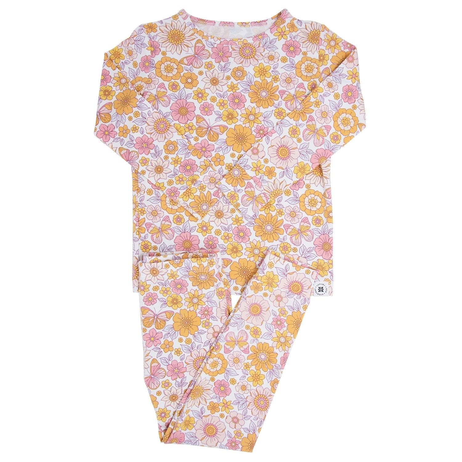 Kids floral pajama set: long-sleeve top and pants, pastel yellow, pink, and lavender