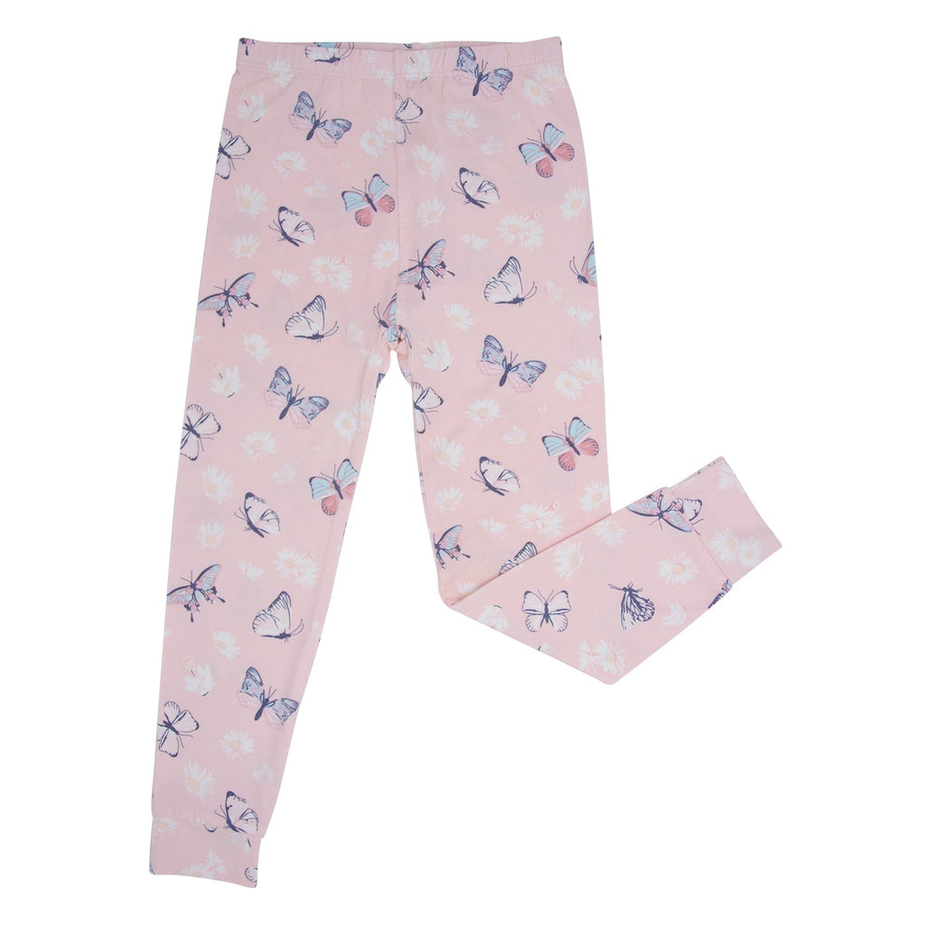 Kids bamboo pajama pants in light pink with butterfly and daisy print, full-length