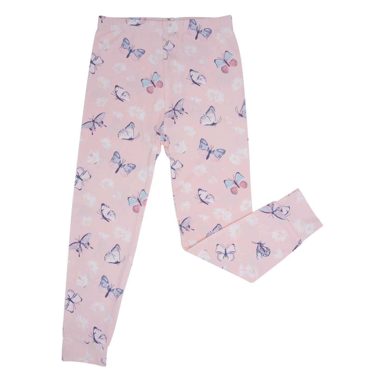 Kids bamboo pajama pants in light pink with butterfly and daisy print, full-length