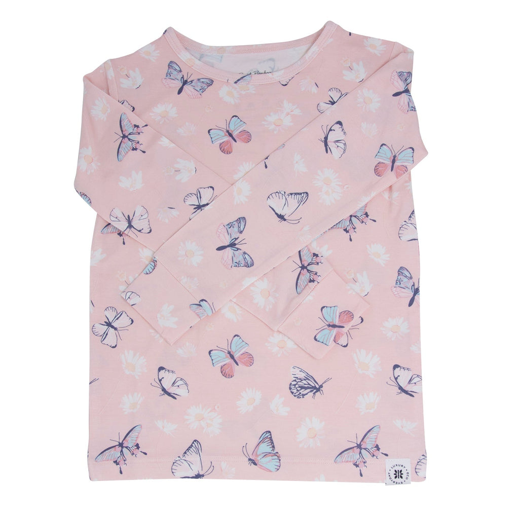 Kids bamboo pajama top in light pink with butterfly and daisy print, short sleeves
