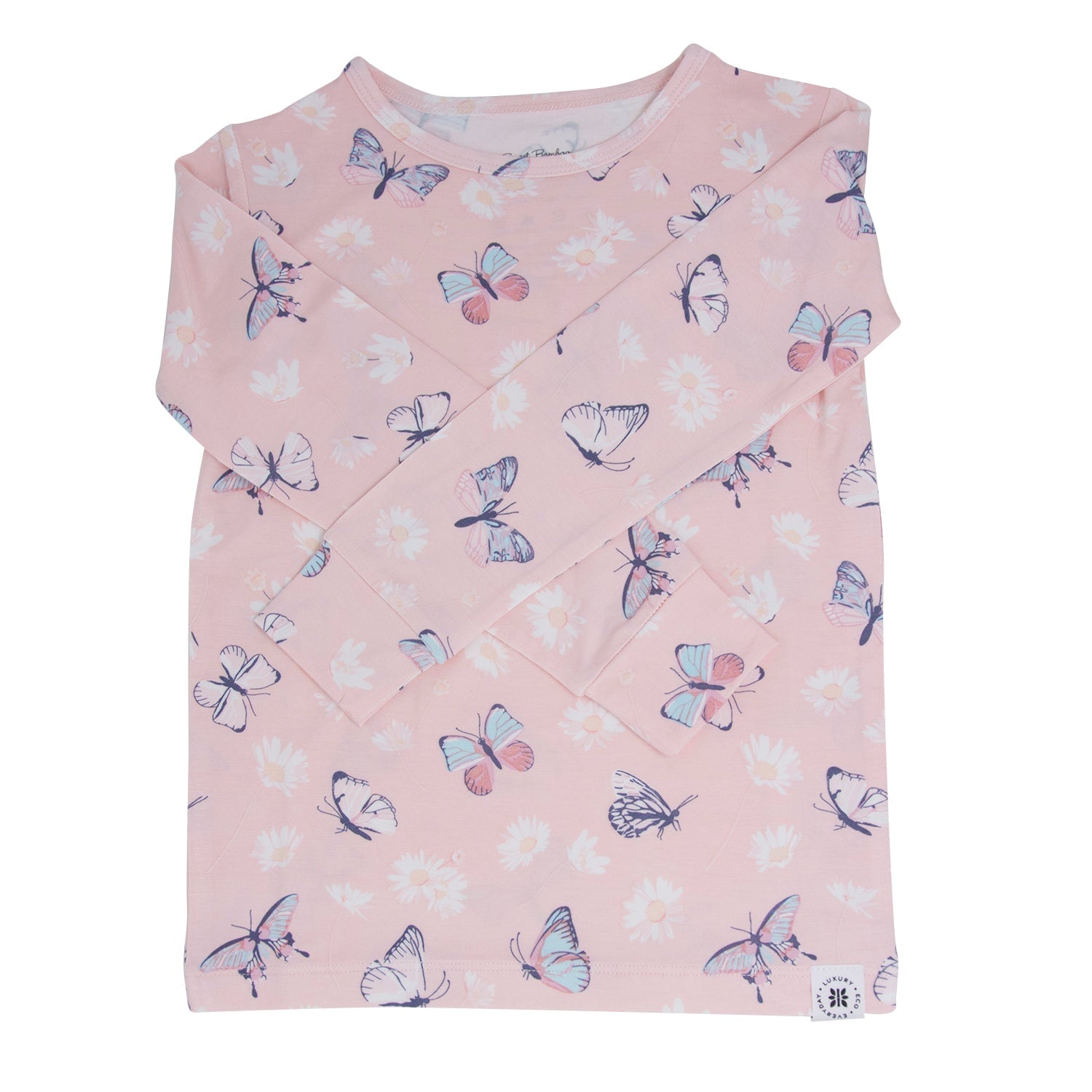 Kids bamboo pajama top in light pink with butterfly and daisy print, short sleeves