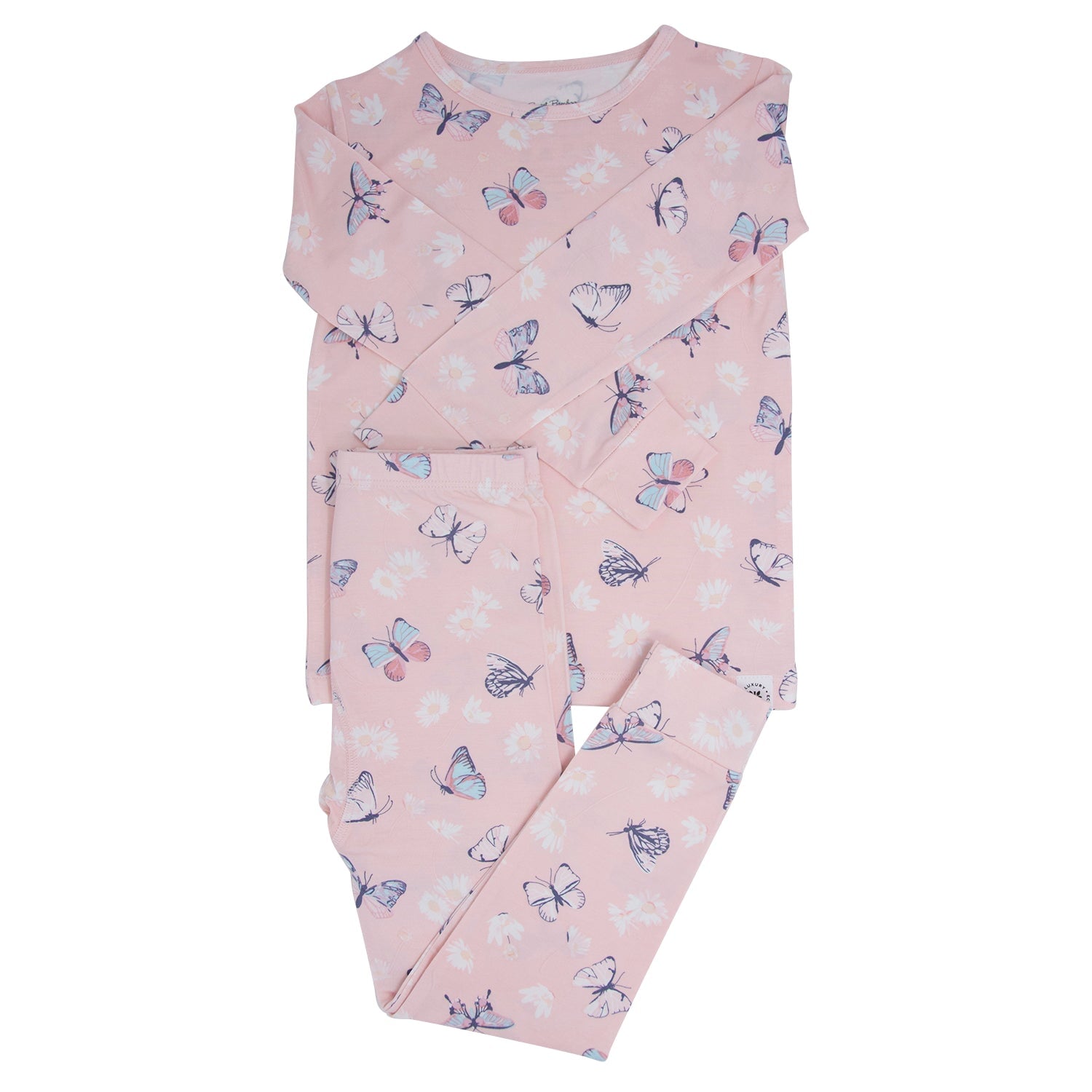 Kids bamboo pajama set, light pink with butterfly-daisy print: long-sleeve top & pants