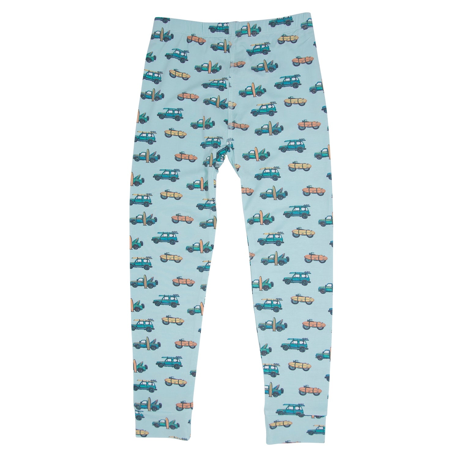 Kids pajama pants, light blue with repeating vehicle and surfboard pattern